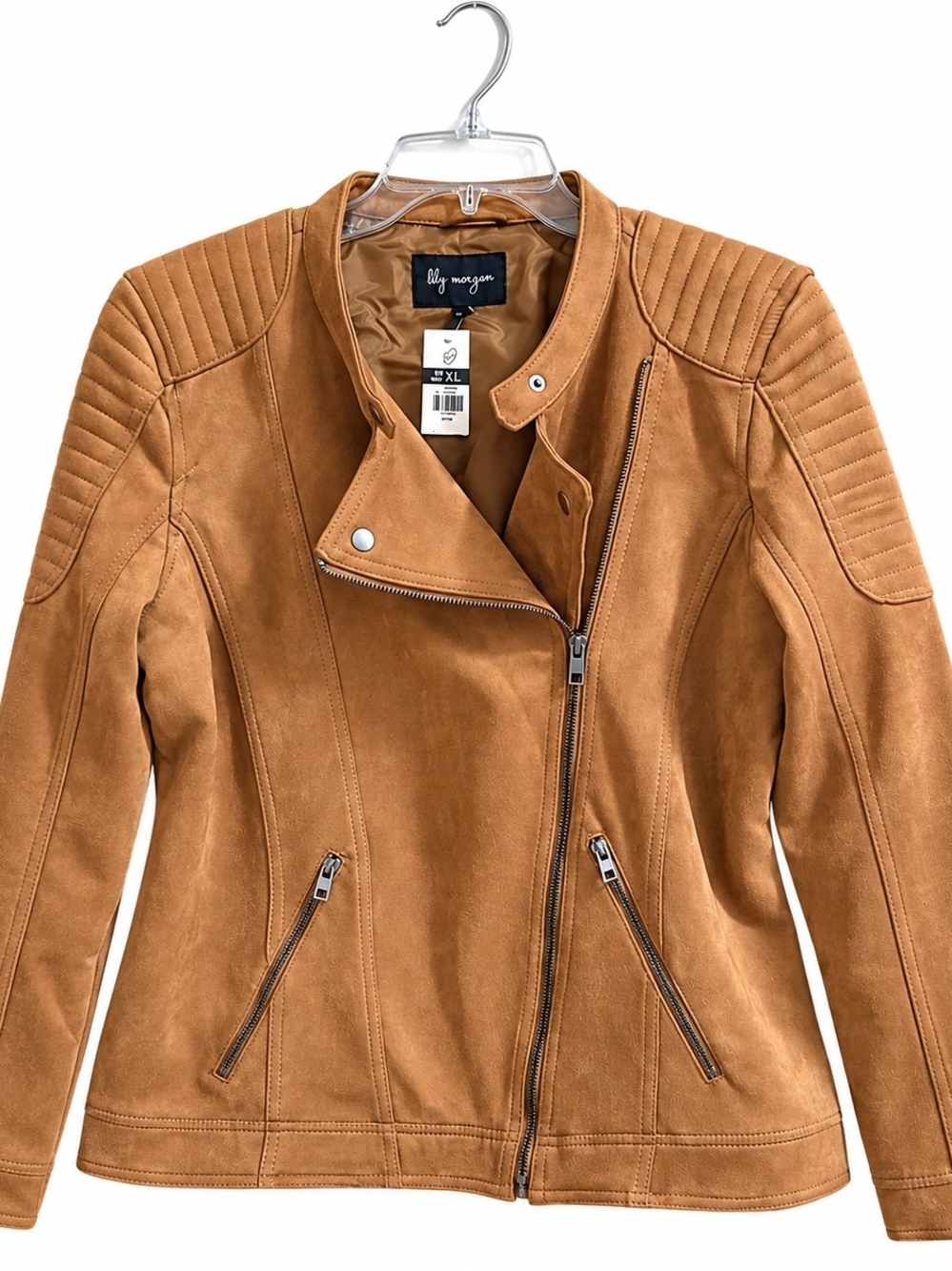 Lily Morgan Women’s Faux Suede Moto Biker Jacket – Size XL – Camel Tan – New Wit